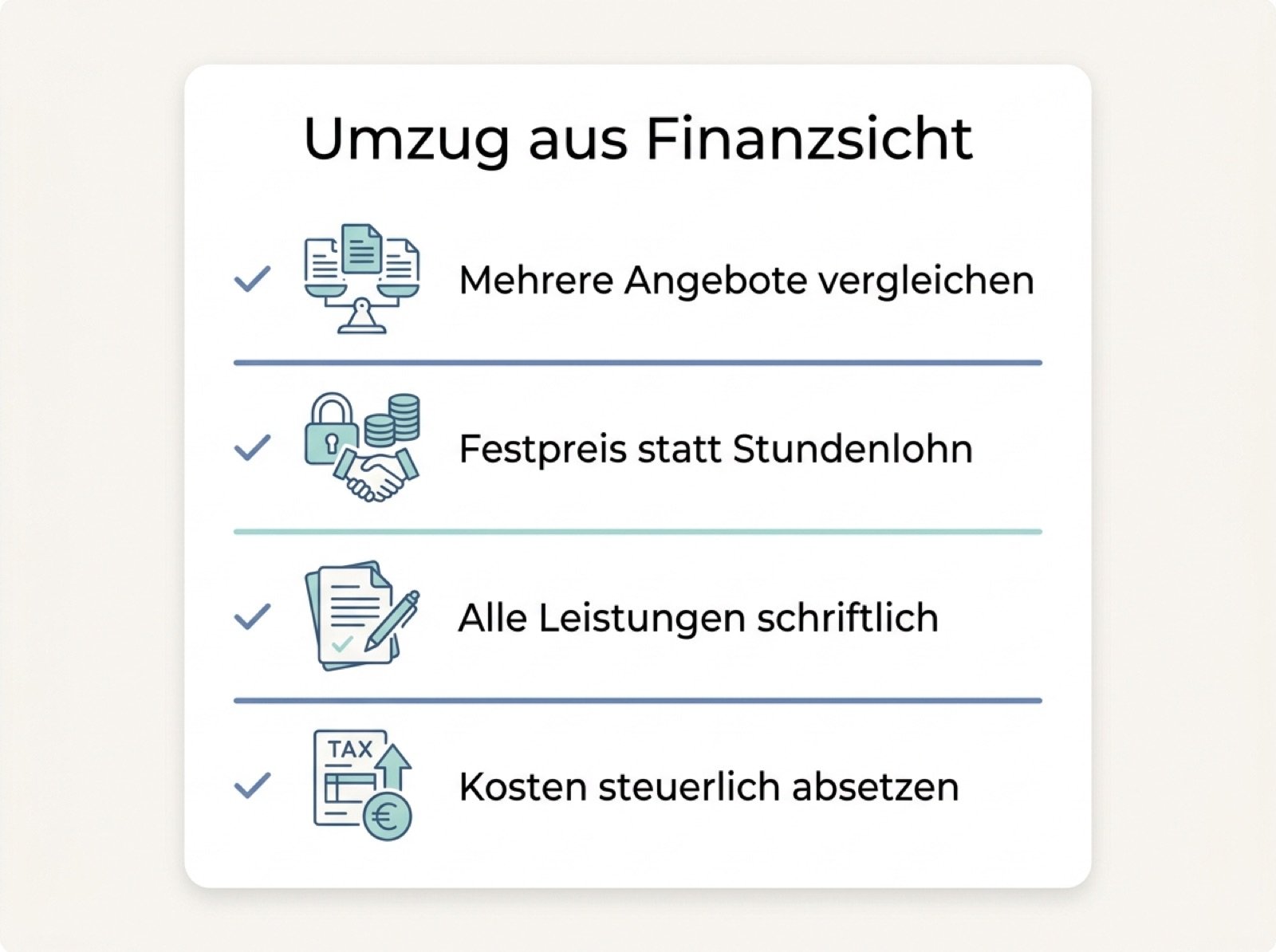 Checkliste Umzug aus Finanzsicht mit vier Sparfaktoren
